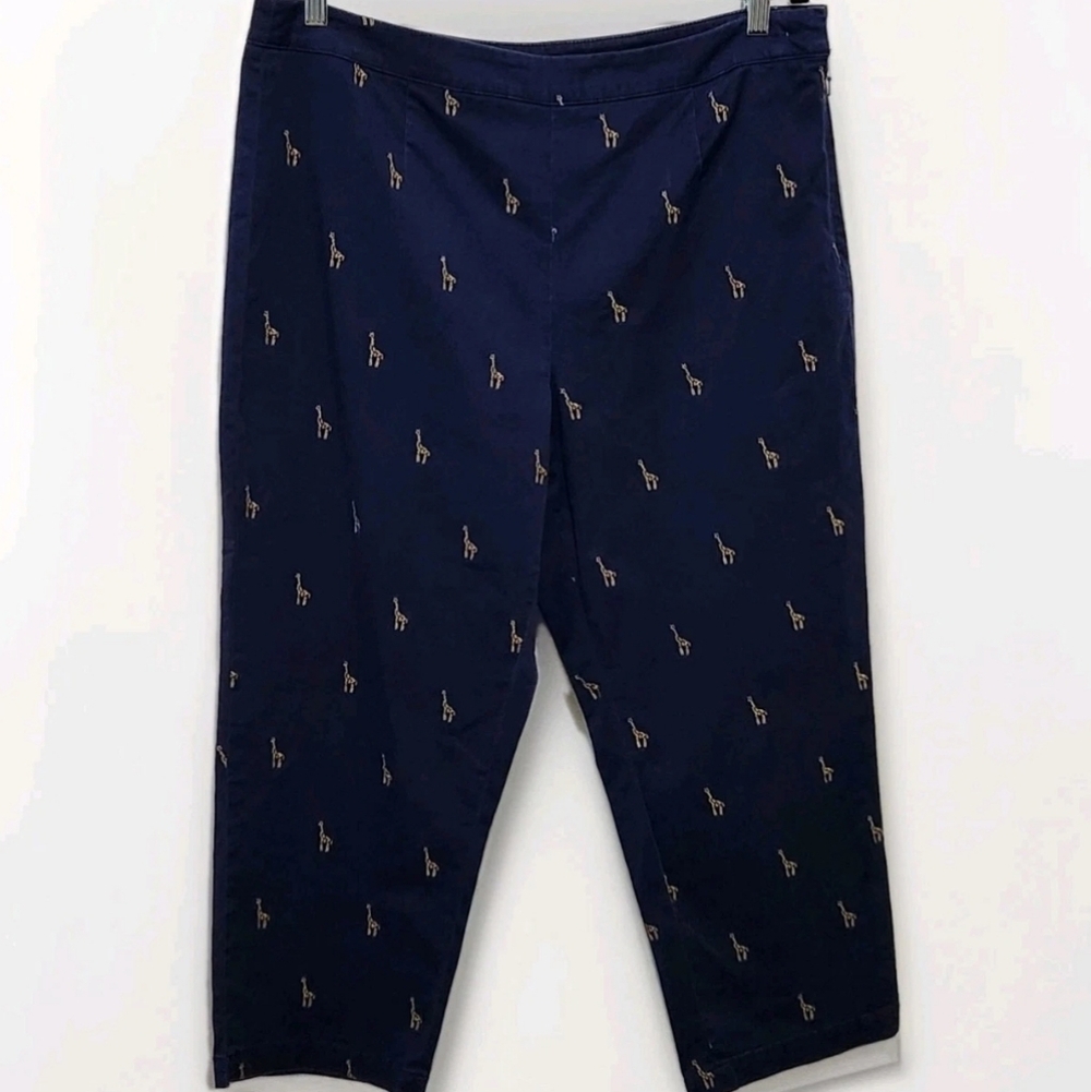 Coldwater Creek Women’s 16 Navy Blue Giraffe Embroidered Chino Safari Capri